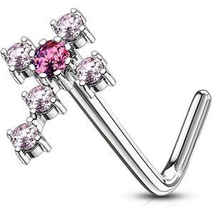 Gekleurde neus stud piercing met gekleurde kristallen kruis – Zilver – Roze