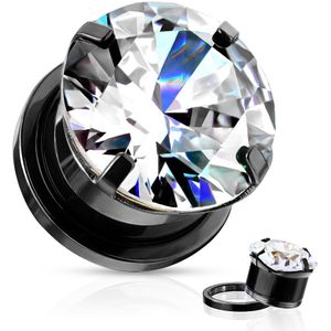 Chirurgisch stalen screw fit tunnel met groot kristal - 8 mm - Zwart