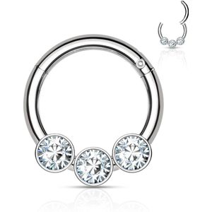 Gekleurde Chirurgisch Stalen Segmentring met ScharnierPiercing ring met vast segment en 3 zijwaartse kristallen – Clear