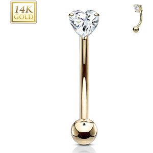 14Kt. gouden wenkbrauw piercing met helder hartvormig kristal - Goud