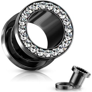Titanium gekleurde screw fit tunnels met kristallen - 6 mm - zwart / helder