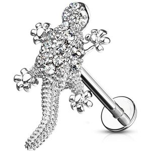 Intern geschroefde labret met helder kristallen salamander – 6 mm – Zilver