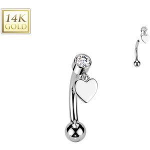 Threadless 14Kt Gouden Wenkbrauw Piercing met Rond Steentje en Hangend Hartje - Wit Goud