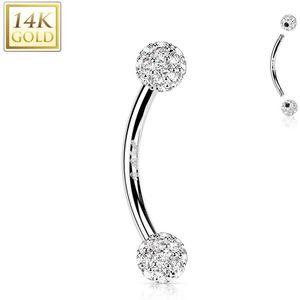 Elegante Gebogen Barbell van 14 Karaats Goud met Kristallen Balletjes - Witgoud - 10 mm