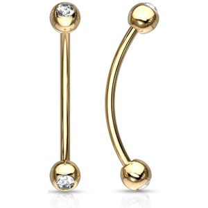 Multifunctionele stalen gebogen barbell piercing met balletjes– 14 mm – Goud – Helder