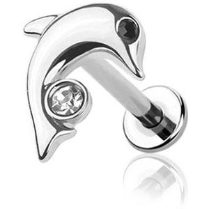 Dolfijn Labret Piercing met Rond kristal - Zilver - 8 mm