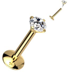 Intern Geschroefde Titanium Labret met Prong Set Steentje - Gold - 1.2 mm - 6 mm - Clear - 3 mm