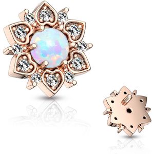 Gebloemde dermal piercing top met een opaal steen – Rosé Goud – Opaal Wit