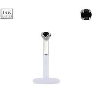 Bioflex labret met 14K. wit gouden top en gekleurd kristal – 10 mm – Zwart