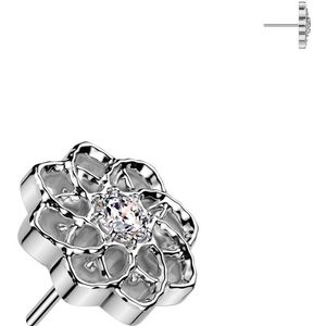 Threadless Titanium Top met Holle Bloem en Gecentreerd Steentje - Zilver