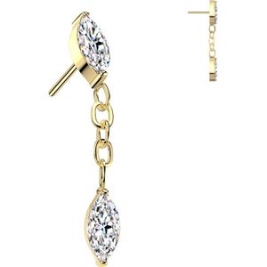 Threadless Titanium Markies Geslepen Stenen Topje met Hangend Markies Geslepen Steentje - Goud - Helder