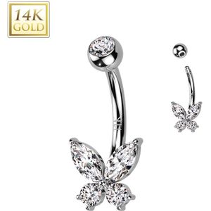 14 Karaats Gouden navelpiercing met stenen Vlinder figuur - Witgoud - Helder
