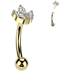 Threadless Titanium Gebogen Barbell met Blaadjes Design van Drie Markies Geslepen Steentjes - Goud