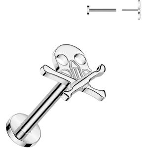 Threadless Titanium Labret met Schedel en Gekruiste Botten - Zilver - 1.2 mm