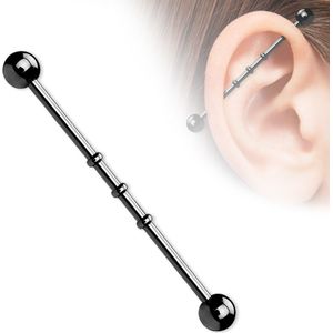 Gekleurde industrial piercing drie kralen - Titanium plated zwart