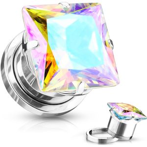 Screw fit plug met gekleurd vierkanten diamant - 12 mm - Zilver/Aurora Borealis