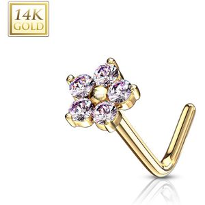 14 Kt. gouden neus stud met kristallen bloem top – Geel Goud – Roze