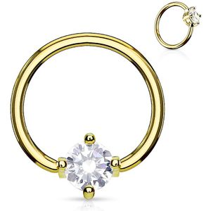 Gouden piercing ring met prong set rond helder kristal - 1.6 mm - 12 mm - 5 mm