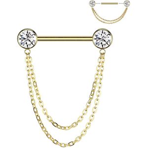 Threadless Titanium Tepelpiercing met Front Facing Steentjes en Dubbele Ketting - Goud - 16 mm - Helder