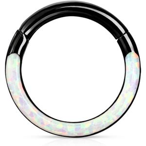 Piercing ring met vast segment en voorkant opaal steen – 1.2 mm – 8 mm – Zwart – Opaal Wit
