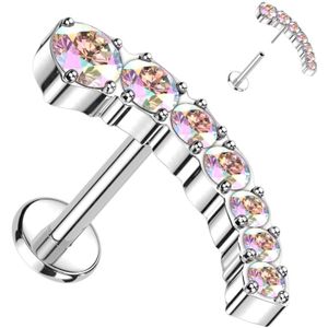 Titanium Threadless Labret met Rij van Verschillede Grootte Steentjes - Zilver - 6 mm - Aurora Borealis