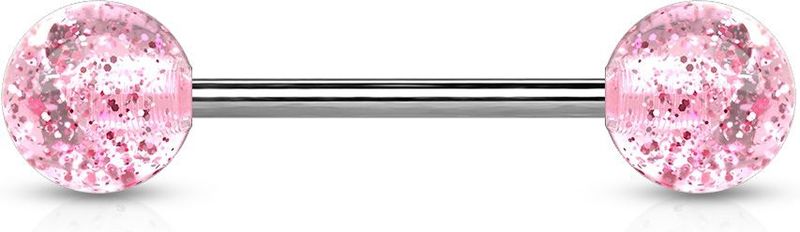 Massief titanium barbell met UV glitter balletjes - Roze