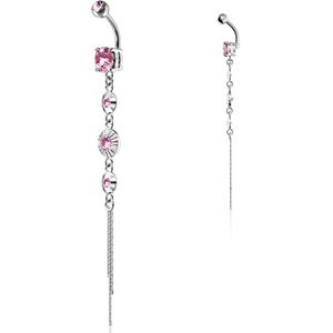 Lange navelpiercing met roze diamantjes en kettinkjes