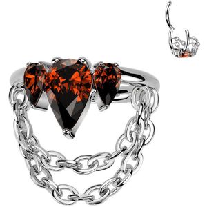 Titanium Segment Ring met Peervormige Rode Steentjes en Dubbel Kettinkje - Zilver - 1.2 mm