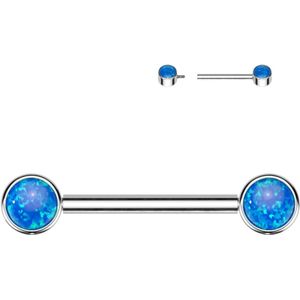 Intern Geschroefde Titanium Tepelpiercing met ronde Opaal stenen in bezel setting - 12 mm - 5 mm - Blauw