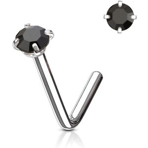 Stalen neus stud met rond zwart kristal - 0.8 mm
