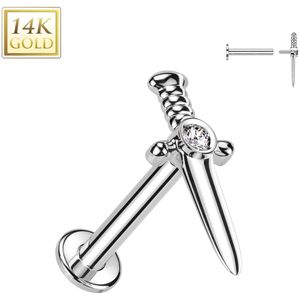 14kt. Gouden Intern Geschroefde Labret met een Dolk Top en Gecentreerd Kristalletje - Wit Goud - 8 mm