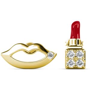 Zilveren Lip en Lippenstift Oorbellen met Swarovski kristallen - Goud