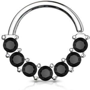Multifunctionele piercing ring met vooruit gewezen gekleurde kristallen – 1.0 mm – Zilver – Zwart
