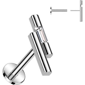 Threadless Labret met Dubbel Staafje en Gecentreerd Emerald Geslepen Steentje - Zilver - 1.2 mm