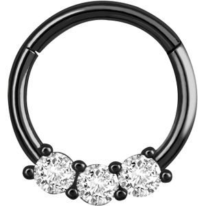 Piercing ring met vast segment en 3 prong set kristallen – 7 mm – Zwart