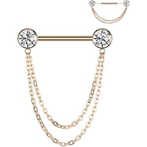 Threadless Titanium Tepelpiercing met Front Facing Steentjes en Dubbele Ketting - Rose Goud - 16 mm - Helder
