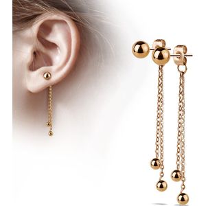 Paar rosé gouden oorbellen met twee kettingen en balletjes