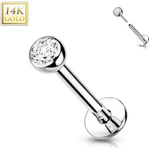 Massief Gouden Threadless Labret met Platte Achterkant en Helder Kristallen Top