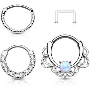 Set met drie gekleurde piercing ringen en retainer - zilver