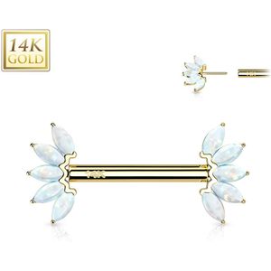 Massief Gouden Threadless Tepelpiercing met 5 Gekleurde Opaal Steentjes - 12 mm - Geel Goud - Opaal Geel