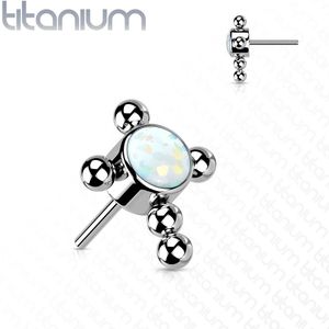 Titanium Threadless Top met Gekleurde (Opaal) Stenen Kern en Kralen Kruis - Zilver - Opaal Wit