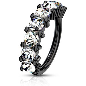 Multifunctionele piercing ring met zeven gekleurde kristallen – 1.2 mm – Zwart – Helder