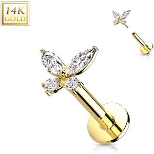Massief Gouden Threadless Labret met Platte Achterkant en Vlinder Top met Gekleurde Kristallen