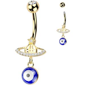Navel Piercing met Planeetje en Oog van Geluk Hangertje - Goud
