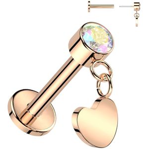 Titanium Threadless Labret met Bezel Kristal en Harten hangertje - Rose Goud - 1.2 mm - Aurora Borealis
