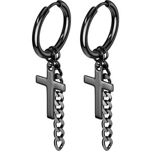 Gekleurde oorringetjes met ketting en kruis hanger – Zwart