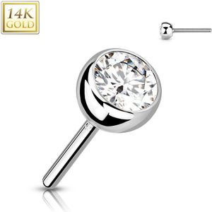 14kt. Gouden Threadless Top met Helder Steentje - Wit Goud - Helder - 4 mm