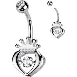 Navelpiercing met Gekroond Hart en Gecentreerde Steen - Zilver