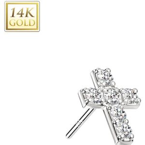 14 Karaats Gouden Threadless top met kristallen Kruis - Witgoud
