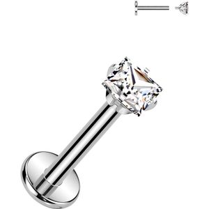 Intern Geschroefde Titanium Labret met Prong Set Vierkant Steentje  - Zilver - 6 mm - 2 mm